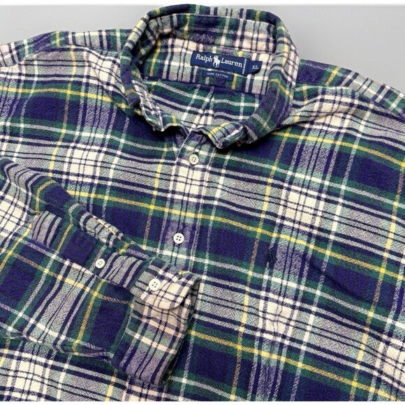 Vintage Ralph Lauren Heavy Flannel Mens XL Button Up Blue Pony Plaid Long Sleeve - Picture 1 of 10